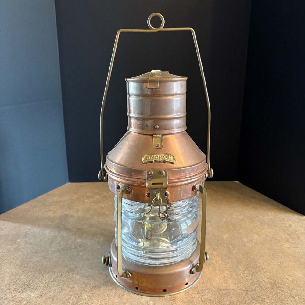 Vintage Copper Brass Anchor Oil Lantern Maritime Nautical Glass Hurricane Globe